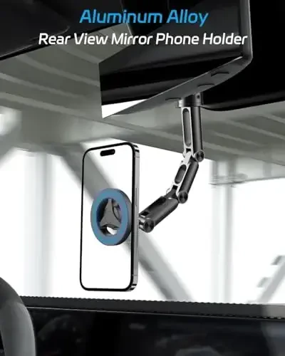 Quyee Magnetic Phone Holder for Your Car, for Magsafe Rear View Mirror Phone Holder - Aluminum Alloy Mount Multi-Angle Adjustment Rotatable and Retractable Compatible with All iPhone and Android - 2