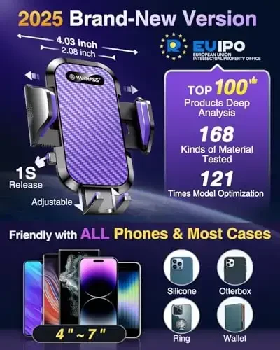 VANMASS Phone Holders for Your Car 2025 Ultimate Phone Mount Military-Grade Windshield Dashboard Vent【Newest Best Strongest】 Cell Phone Car Mount for iPhone 16 Pro Max 15 Samsung Android,Purple - 5