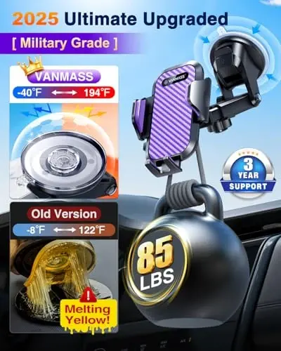 VANMASS Phone Holders for Your Car 2025 Ultimate Phone Mount Military-Grade Windshield Dashboard Vent【Newest Best Strongest】 Cell Phone Car Mount for iPhone 16 Pro Max 15 Samsung Android,Purple - 4