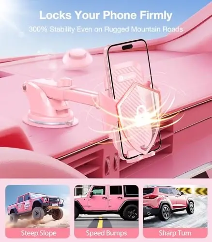 VICSEED Pink Phone Holders for Your Car, [True Military-Grade Shockproof Strongest Suction Power], 3-in-1 Dashboard Windshield Vent, Truck Boat Stand Cell Phone Mount for iPhone Android All Phones - 1