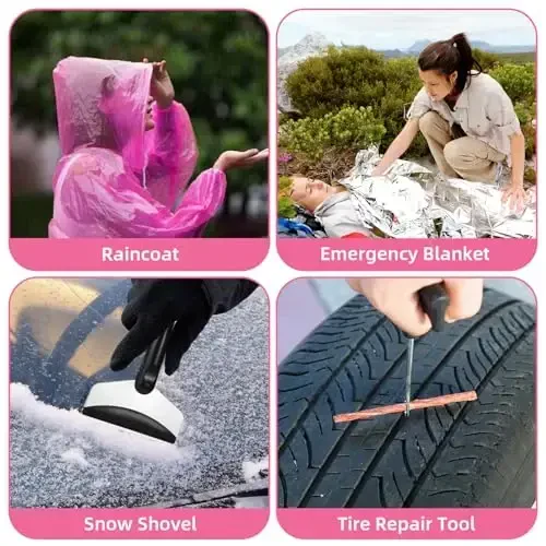 VEIYIE Roadside Emergency Car Kit for Vehicles, Pink Car First Aid Kit Emergency Kit with Jumper Cables, Car Safety Kits, Tow Strap, Tool Kit, Road Trip Assistance for Men, Women, New Driver Gifts - 7