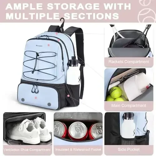 Arcoyard Tennis Bag Holds 2 Rackets, Professional Tennis Bags for Women, Tennis Backpack with Ventilated Shoe Compartment - 2