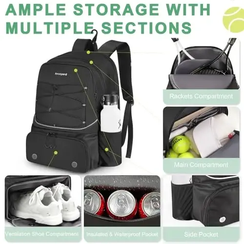 Arcoyard Tennis Bag 2 ta raketka sigʻadi, ayollar uchun professional tennis sumkalari, shamollatiladigan oyoq kiyim boʻlimi boʻlgan tennis ryukzaki - 3