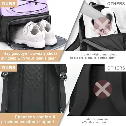 Arcoyard Tennis Bag 2 ta raketka sig'adi, ayollar uchun professional tennis sumkalari, ventilyatsiyali oyoq kiyimlar bo'linmasi bo'lgan tennis ryukzaki - 6