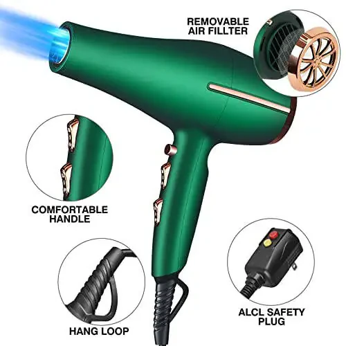 ARDIRO 2000 Watt Negative Ionic Hair Dryer, Professional Salon Blow Dryer, Low Noise Fast Drying & Powerful AC Motor and Diffuser Comb for Men Women,3 Heat & 2 Speed Settings, Easy to Use- Green - 4