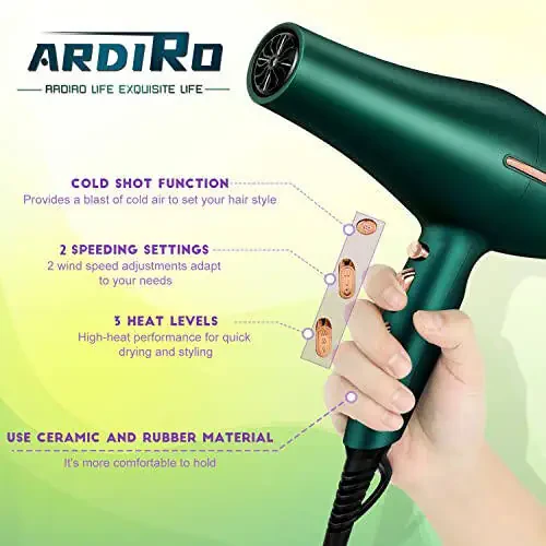 ARDIRO 2000 Watt Negative Ionic Hair Dryer, Professional Salon Blow Dryer, Low Noise Fast Drying & Powerful AC Motor and Diffuser Comb for Men Women,3 Heat & 2 Speed Settings, Easy to Use- Green - 5