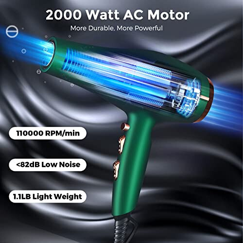 ARDIRO 2000 Watt Negative Ionic Hair Dryer, Professional Salon Blow Dryer, Low Noise Fast Drying & Powerful AC Motor and Diffuser Comb for Men Women,3 Heat & 2 Speed Settings, Easy to Use- Green - ARDIRO (1)