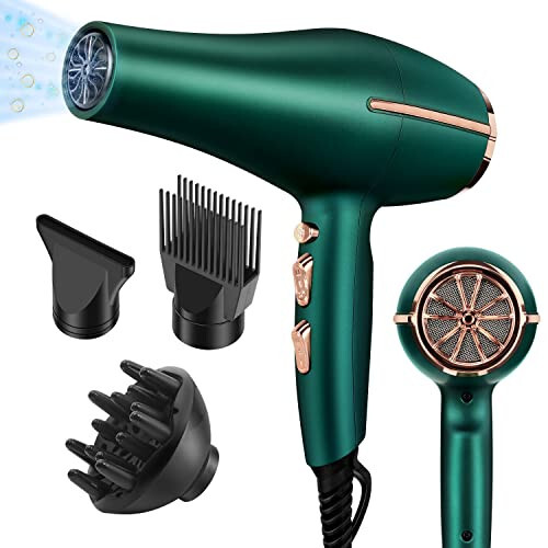 ARDIRO 2000 Watt Negative Ionic Hair Dryer, Professional Salon Blow Dryer, Low Noise Fast Drying & Powerful AC Motor and Diffuser Comb for Men Women, 3 Heat & 2 Speed Settings, Easy to Use - Green - 1