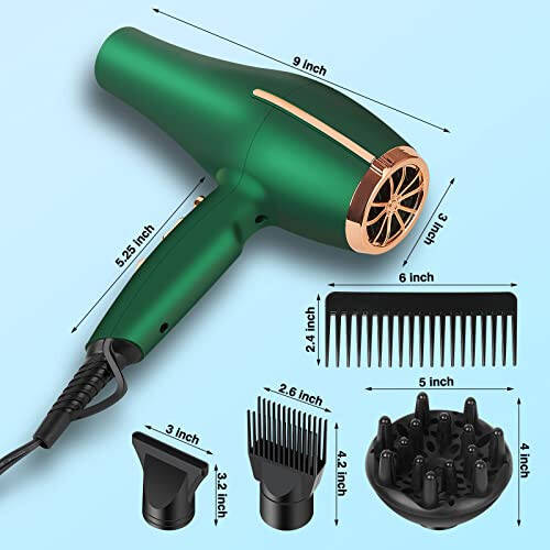 ARDIRO 2000 Watt Negative Ionic Hair Dryer, Professional Salon Blow Dryer, Low Noise Fast Drying & Powerful AC Motor and Diffuser Comb for Men Women, 3 Heat & 2 Speed Settings, Easy to Use - Green - 3