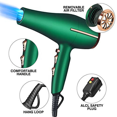 ARDIRO 2000 Watt Negative Ionic Hair Dryer, Professional Salon Blow Dryer, Low Noise Fast Drying & Powerful AC Motor and Diffuser Comb for Men Women, 3 Heat & 2 Speed Settings, Easy to Use - Green - 4