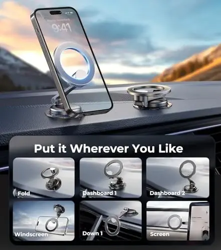 AREDAN Magsafe uchun buklama avtomobil telefon ushlagichi, barcha metall, asboblar paneli oynasi shamollatgich magnit ushlagichi, minimal joy dizayni, iPhone 16/15/14/13/12 Pro Max uchun eng yaxshi avtomobil aksessuarlari, erkaklar va ayollar - 6