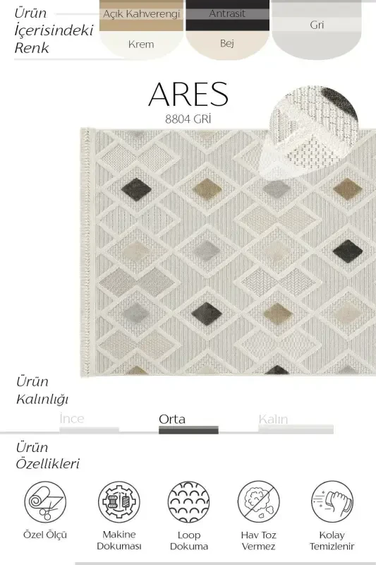 Ares 8804 Grey Carpet Living Room Bohemian Carpet Hallway Carpet Cut Carpet Runner Living Room Carpet-Grey - 2