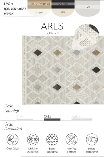 Ares 8804 Gri Halı Salon Halısı Bohem Halı Koridor Halısı Kesme Halı Yolluk Oturma Odası Halısı - Gri - 3