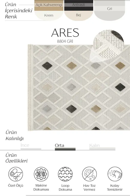 Ares 8804 Gri Halı Salon Halısı Bohem Halı Koridor Halısı Kesme Halı Yolluk Oturma Odası Halısı - Gri - 3