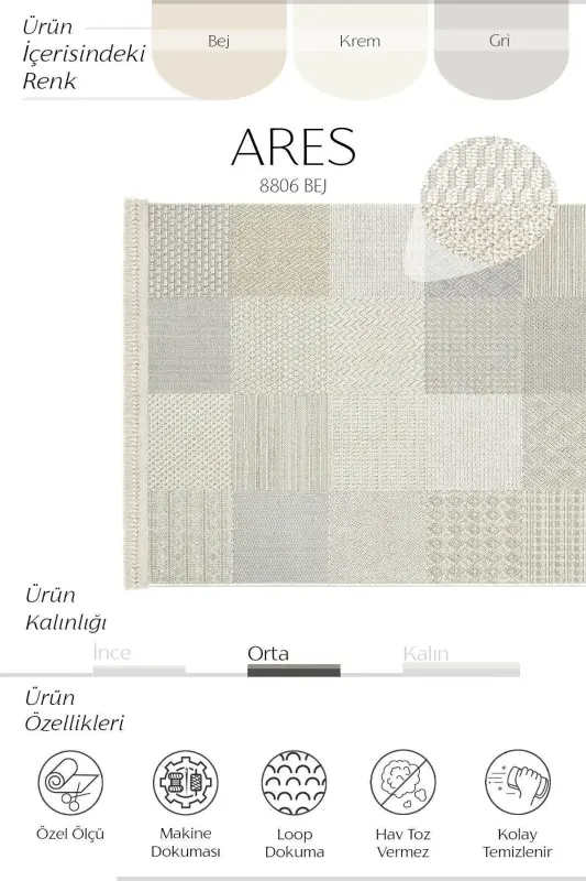 Ares 8806 Bej Halı Salon Halısı Patchwork Halı Koridor Halısı Kesme Halı Yolluk Oturma Odası Halısı - Bej - 3