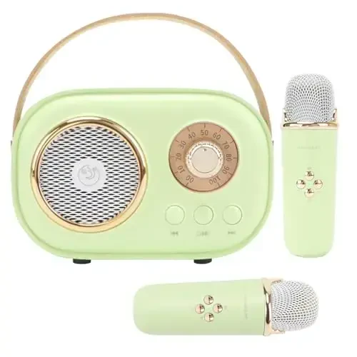 Aresrora Mini Karaoke Machine bolalar uchun, 2 ta simsiz mikrofonli ko'chma Bluetooth karnay, qizlar va o'g'il bolalar uchun o'yinchoqlar, uy partiyasi tug'ilgan kuni uchun retro karnay to'plami stereo ovozli kuchaytirilgan bass (yashil) - 1