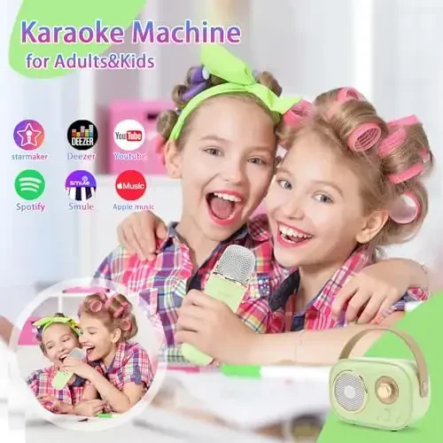 Aresrora Mini Karaoke Machine bolalar uchun, 2 ta simsiz mikrofonli ko'chma Bluetooth karnay, qizlar va o'g'il bolalar uchun o'yinchoqlar, uy partiyasi tug'ilgan kuni uchun retro karnay to'plami stereo ovozli kuchaytirilgan bass (yashil) - 2