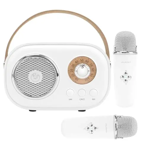Aresrora Mini Karaoke Machine bolalar uchun,2 ta simsiz mikrofonli portativ Bluetooth karnay, qizlar va o'g'il bolalar uchun o'yinchoqlar sovg'asi,uy partiyasi tug'ilgan kuni uchun retro karnay stereo ovozi kuchaytirilgan bass (Oq) - 1