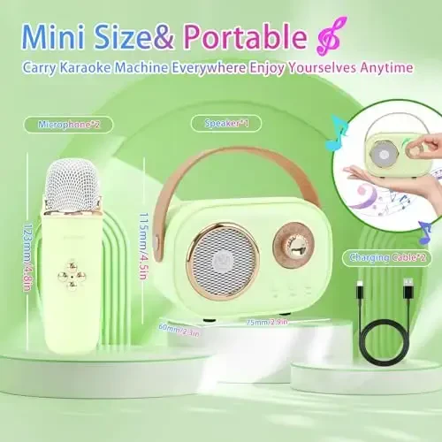 Aresrora Mini Karaoke Machine for Kids,Portable Bluetooth Speaker with 2 Wireless Microphone,Toys for Girls Boys Gifts,Retro Speaker Set Stereo Sound Enhanced Bass for Home Party Birthday (Green) - 6