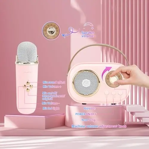 Aresrora Mini Karaoke Machine for Kids,Portable Bluetooth Speaker with 2 Wireless Microphone,Toys for Girls Boys Gifts,Retro Speaker Set Stereo Sound Enhanced Bass for Home Party Birthday (Pink) - 4
