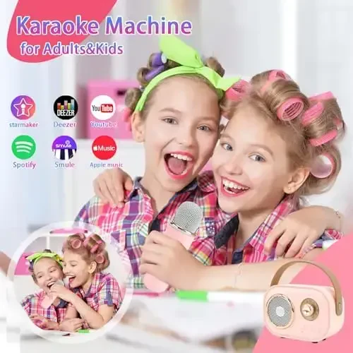 Aresrora Mini Karaoke Machine for Kids,Portable Bluetooth Speaker with 2 Wireless Microphone,Toys for Girls Boys Gifts,Retro Speaker Set Stereo Sound Enhanced Bass for Home Party Birthday (Pink) - 2