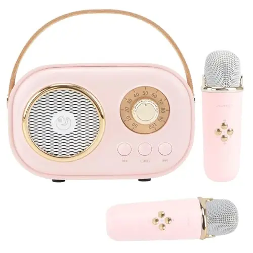 Aresrora Mini Karaoke Machine for Kids,Portable Bluetooth Speaker with 2 Wireless Microphone,Toys for Girls Boys Gifts,Retro Speaker Set Stereo Sound Enhanced Bass for Home Party Birthday (Pink) 