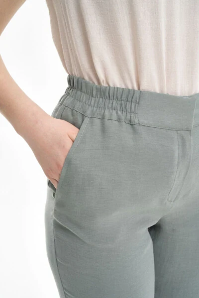 Arka Bel Lastikli Keten Pantolon-Mint - 5