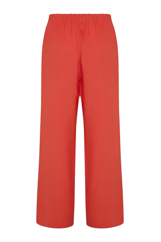 Arka Bel Lastikli Keten Pantolon - Mercan - 3