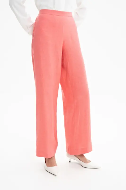 Arka Bel Lastikli Keten Pantolon - Mercan - 4