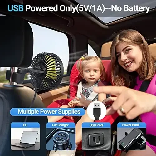 HUENLYEL USB Car Seat Fans for Backseat Baby, Electric 5V USB Car Cooling Fan for Car Rear Seat Baby Kids Passengers(USB Powered Only, No Battery) - 3