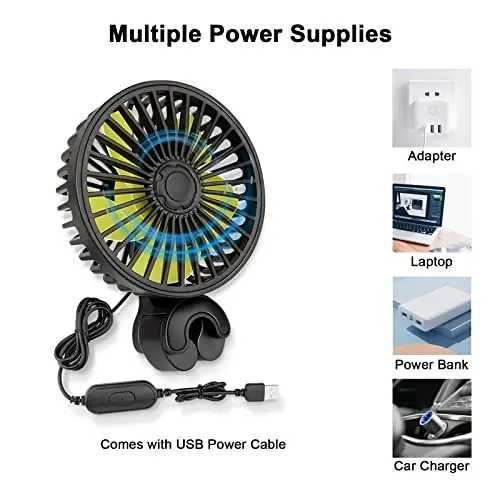 Qidoe Car Fan for Backseat, USB Powered Car Rear Seat Headrest Fans, 3 Speeds and 360 Degree Rotatable Cooling and Powerful Air Circulation Fans for Sedan, SUV, RV, Pickup, Truck, Van, Golf Vehicles - 4