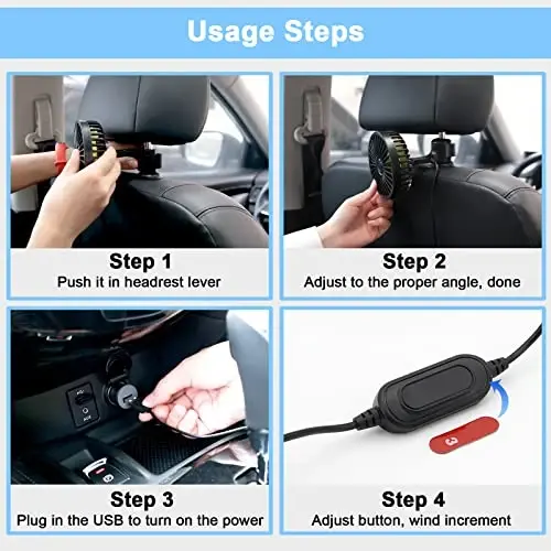 Qidoe Car Fan for Backseat, USB Powered Car Rear Seat Headrest Fans, 3 Speeds and 360 Degree Rotatable Cooling and Powerful Air Circulation Fans for Sedan, SUV, RV, Pickup, Truck, Van, Golf Vehicles - 5