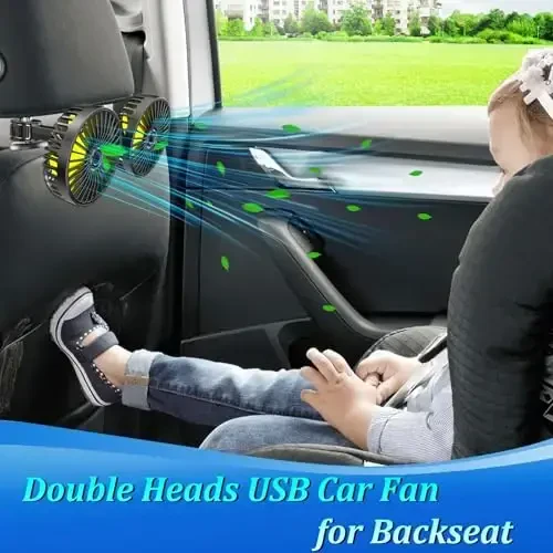 Qidoe Car Fan for Backseat, Dual Head USB Vehicle Seat Fans, 360° Rotatable Strong Wind Rear Headrest Fans 5V Powerful Electric Air Circulation Fan for Sedan SUV RV Truck (USB Plug) - 7