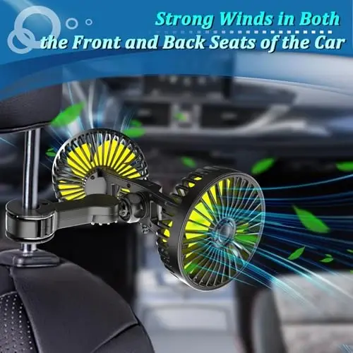 Qidoe Car Fan for Backseat, Dual Head USB Vehicle Seat Fans, 360° Rotatable Strong Wind Rear Headrest Fans 5V Powerful Electric Air Circulation Fan for Sedan SUV RV Truck (USB Plug) - 2