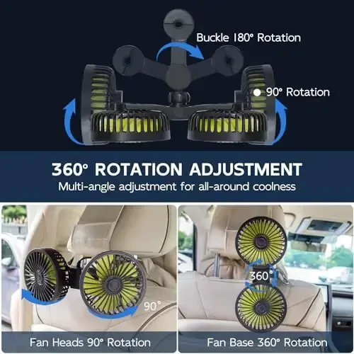 XOOL Car Fans for Backseat - Dual Head USB Cooling Car Fan for Kids, 360° Rotatable Car Rear Headrest Fan, Air Circulation Fan with Adjustable Clip for Vehicles SUV RV Truck - 2