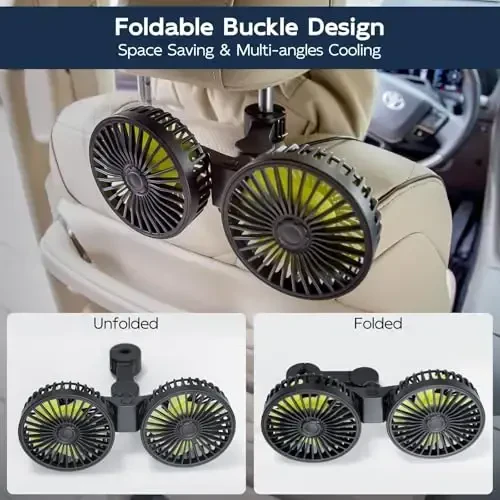 XOOL Car Fans for Backseat - Dual Head USB Cooling Car Fan for Kids, 360° Rotatable Car Rear Headrest Fan, Air Circulation Fan with Adjustable Clip for Vehicles SUV RV Truck - 4