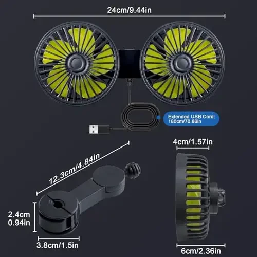 XOOL Car Fans for Backseat - Dual Head USB Cooling Car Fan for Kids, 360° Rotatable Car Rear Headrest Fan, Air Circulation Fan with Adjustable Clip for Vehicles SUV RV Truck - 7