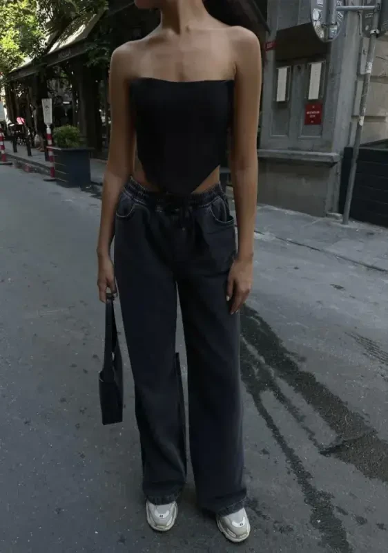 Arkadan Yırtmaçlı Jeans Kot Palazzo Pantolon - Siyah - 1