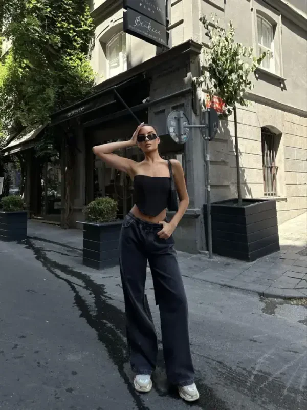 Arkadan Yırtmaçlı Jeans Kot Palazzo Pantolon - Siyah - 2