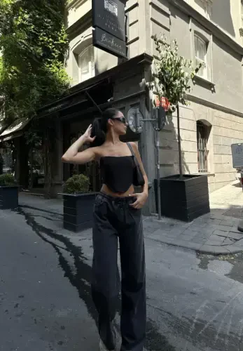 Arkadan Yırtmaçlı Jeans Kot Palazzo Pantolon - Siyah - 3