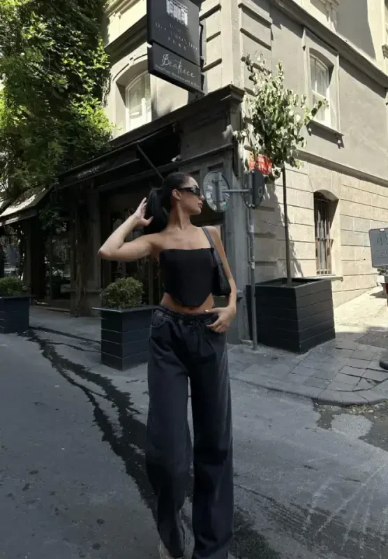 Arkadan Yırtmaçlı Jeans Kot Palazzo Pantolon - Siyah - 3