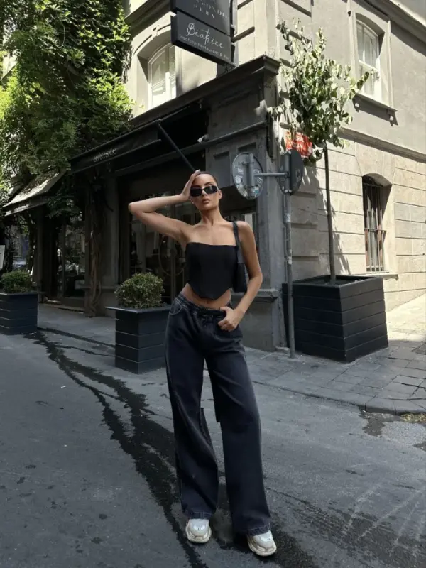 Arkadan Yırtmaçlı Jeans Kot Palazzo Pantolon - Siyah - 2