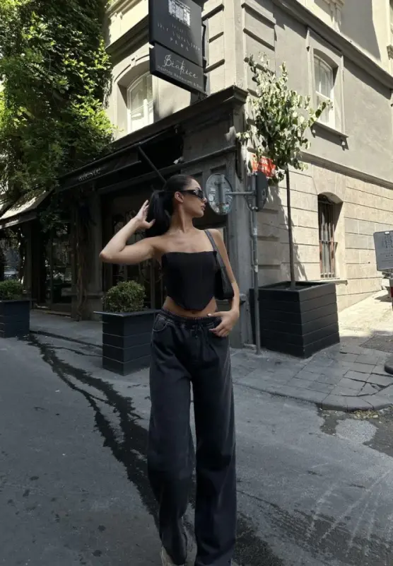 Arkadan Yırtmaçlı Jeans Kot Palazzo Pantolon - Siyah - 3