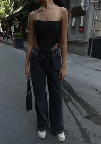 Arkadan Yırtmaçlı Jeans Kot Palazzo Pantolon - Siyah - 1