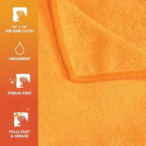 Arkwright Microfiber Tozalash Mato - (12 dona) Katta Tol va Dog'siz Quritish Sochiqlari, 300 GSM Super So'ruvchi va Tez Quriydigan, Mashina, Shisha va Oyna uchun Zo'r Tozalagich, 16 x 16 dyuym, Apelsin - 3