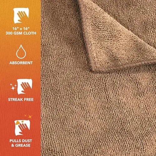 Arkwright Microfiber Tozalash Mato - (12 dona) Katta tuk va dog 'qoldirmaydigan quritish sochiqlari, 300 GSM super absorbent va tez quriydi, mashina, shisha va oyna uchun ideal tozalagich, 16 x 16 dyuym, jigarrang - ARKWRIGHT LLC (1)