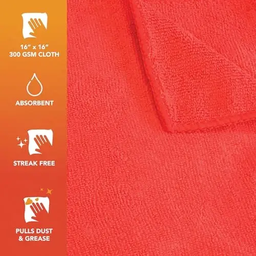Arkwright Microfiber Cleaning Cloths - (Pack of 12) Large Lint & Streak-Free Drying Wash Towels, 300 GSM Super Absorbent & Quick Dry, Perfect Cleaner for Car, Glass, and Window, 16 x 16 in, Red - 3