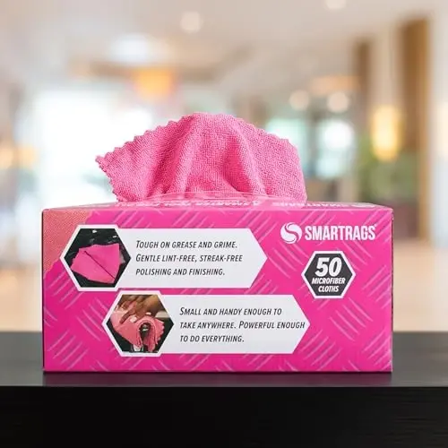 Arkwright Smart Rags in Box - (400 dona ommaviy quti) Tolasiz mikrofiberli tozalash matosi, tirnalish va dog 'qoldirmaydi, Avtomobillar, deraza oynalari va avtoustaхonalar uchun dispenserdan chiqariladigan yuvish sochiqlari, 12 x 12 dyuym, pushti - 4
