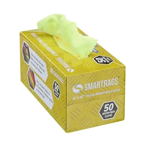 Arkwright Smart Rags in Box - (50 dona) Tolasi yo'q mikrofiber tozalash latta, chizish va dog' qoldirmaydi, avtomobillar, deraza oynalari va avtodükon uchun dispenserdan foydalanish mumkin bo'lgan yuvish sochiqlari, 12 x 12 dyuym, sariq - 1