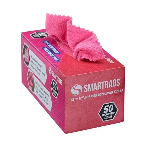 Arkwright Smart Rags in Box - (50 dona) Tolasiz mikrofiber tozalovchi mato, chizish va dog' qoldirmaydi, mashinalar, deraza oynalari va avtoservis uchun dispensersiz yuvish sochiqlari, 12 x 12 dyuym, pushti - 1